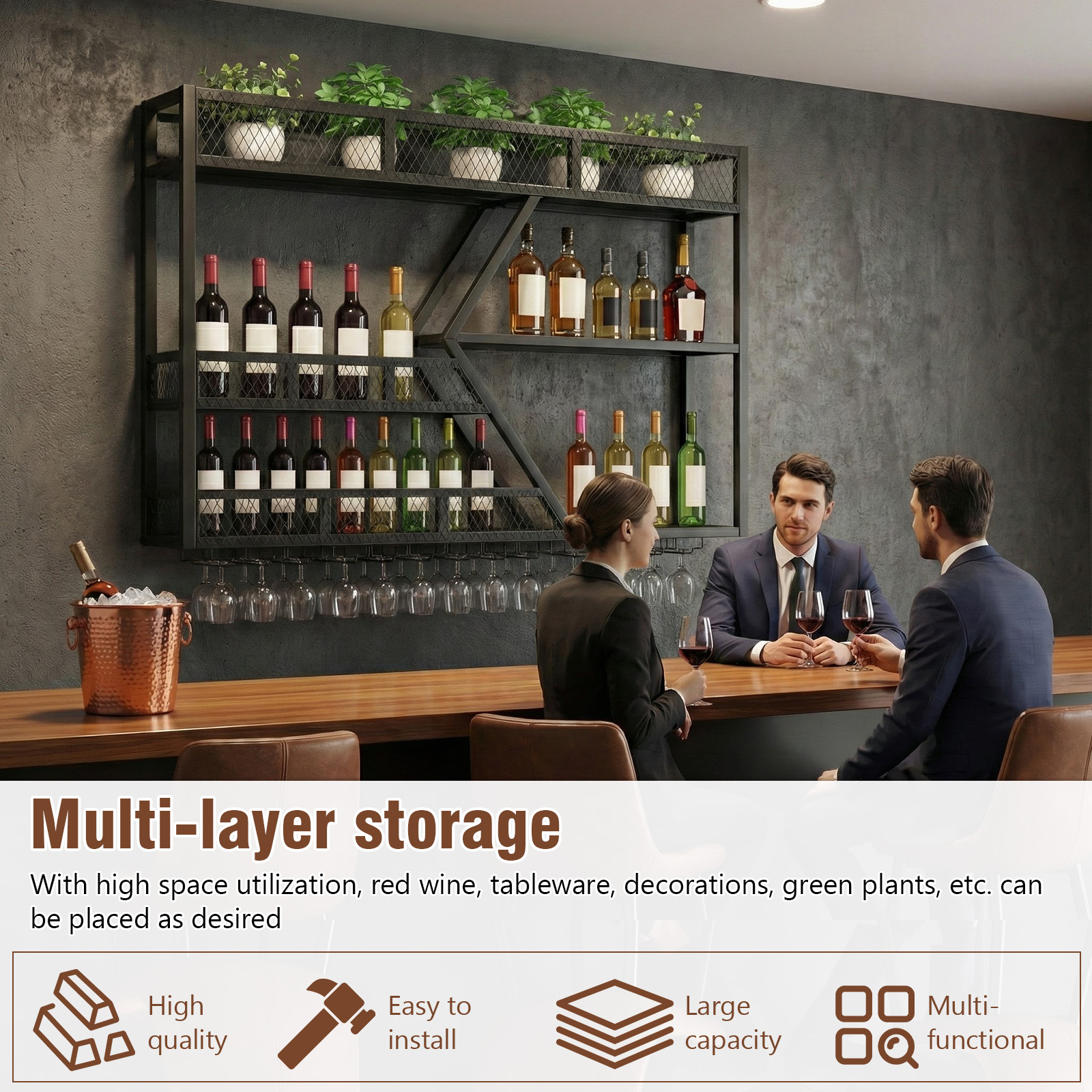 Home Bar Shelf - 39in 3-Tiers Floating Bar Shelves with