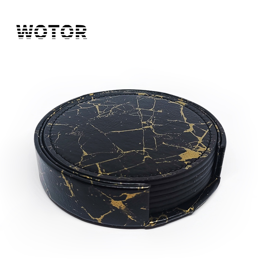 Home Bar And Counter - WOTOR 6PCS Stone Grain Leather Coasters
