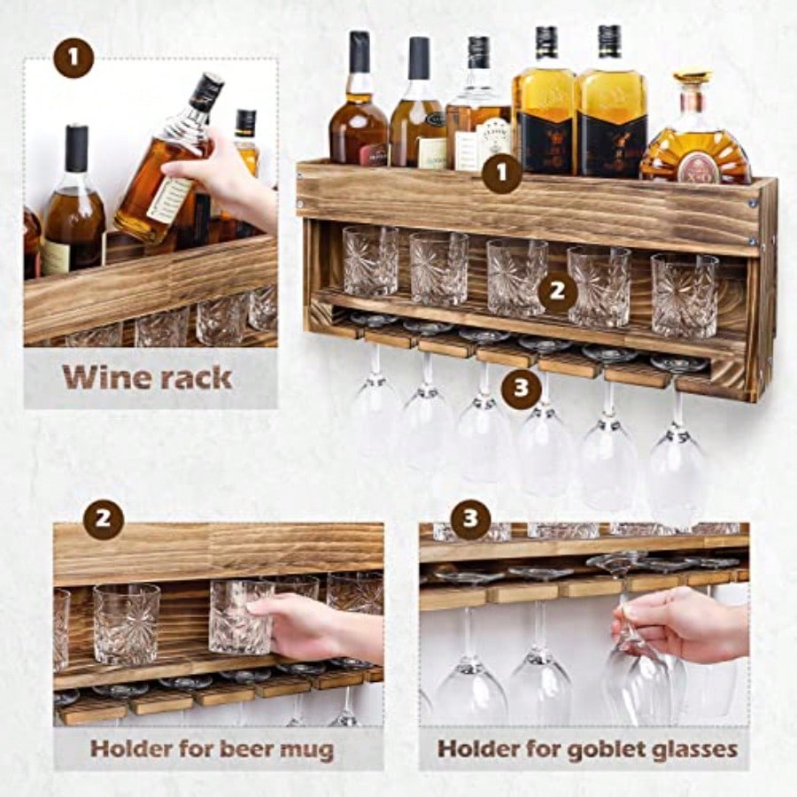 Wine Rack Wall Mounted WoodAlc - Home Bar Shelf ulasan dan harga