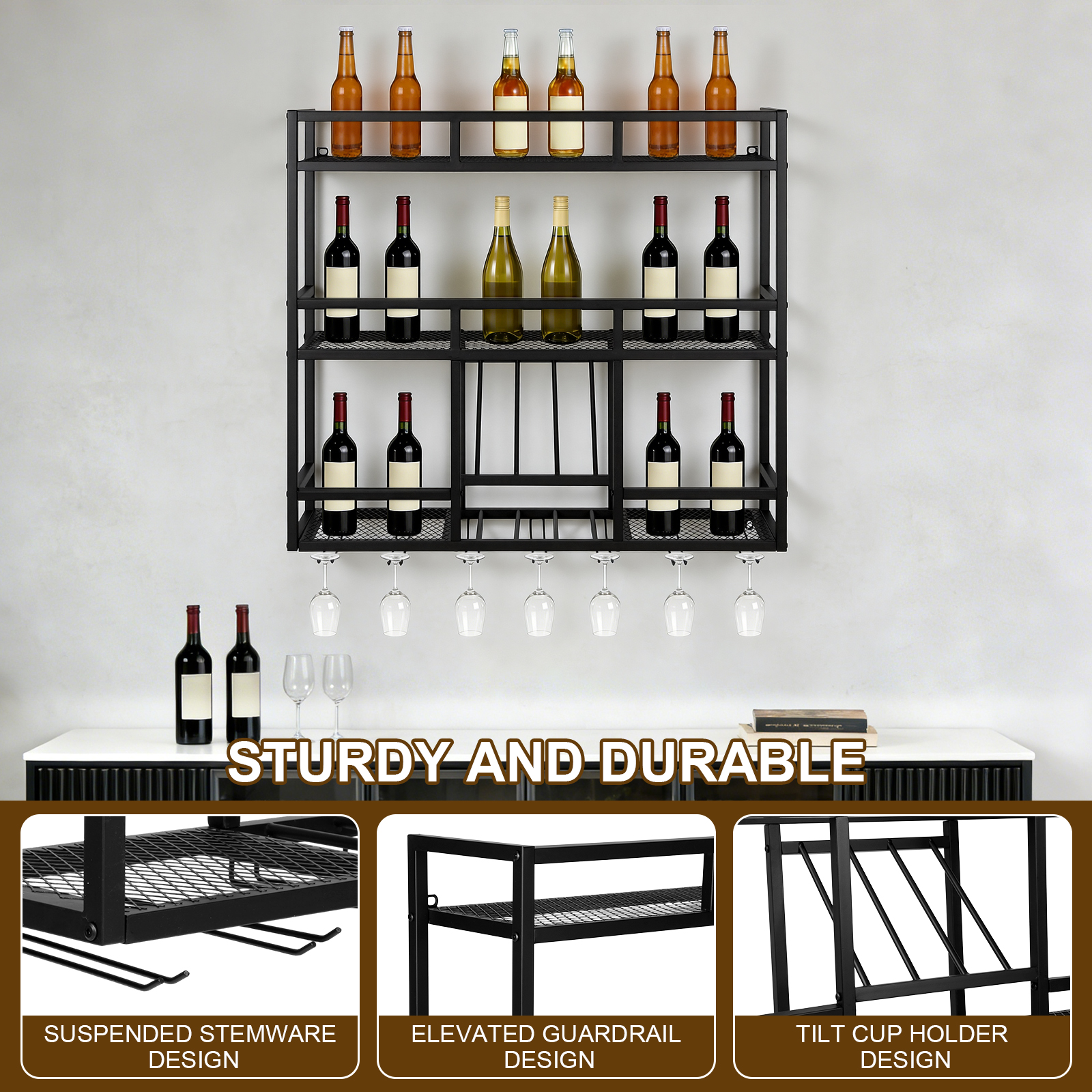 3 Tiers Wall Mounted Wine Rack - Home Bar Shelf ulasan dan harga